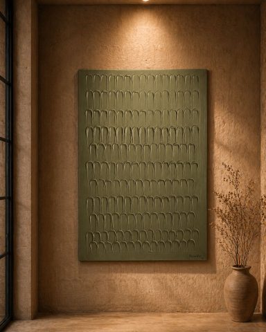 Textura verde en un panel decorativo, iluminado suavemente en un ambiente minimalista.